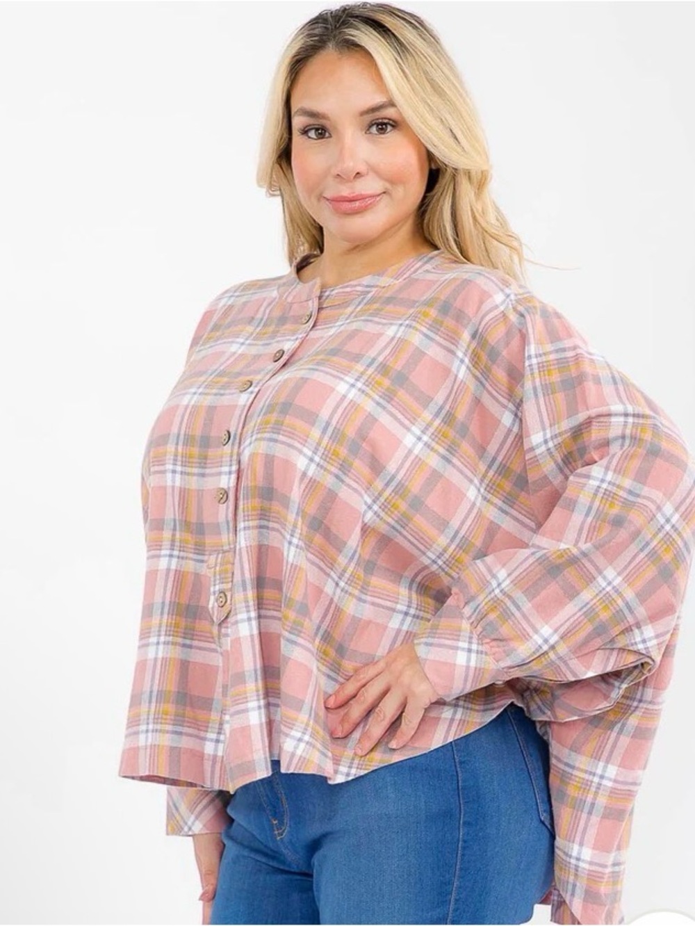 0284.  Women's Pink Plaid Button-Front Tunic Top